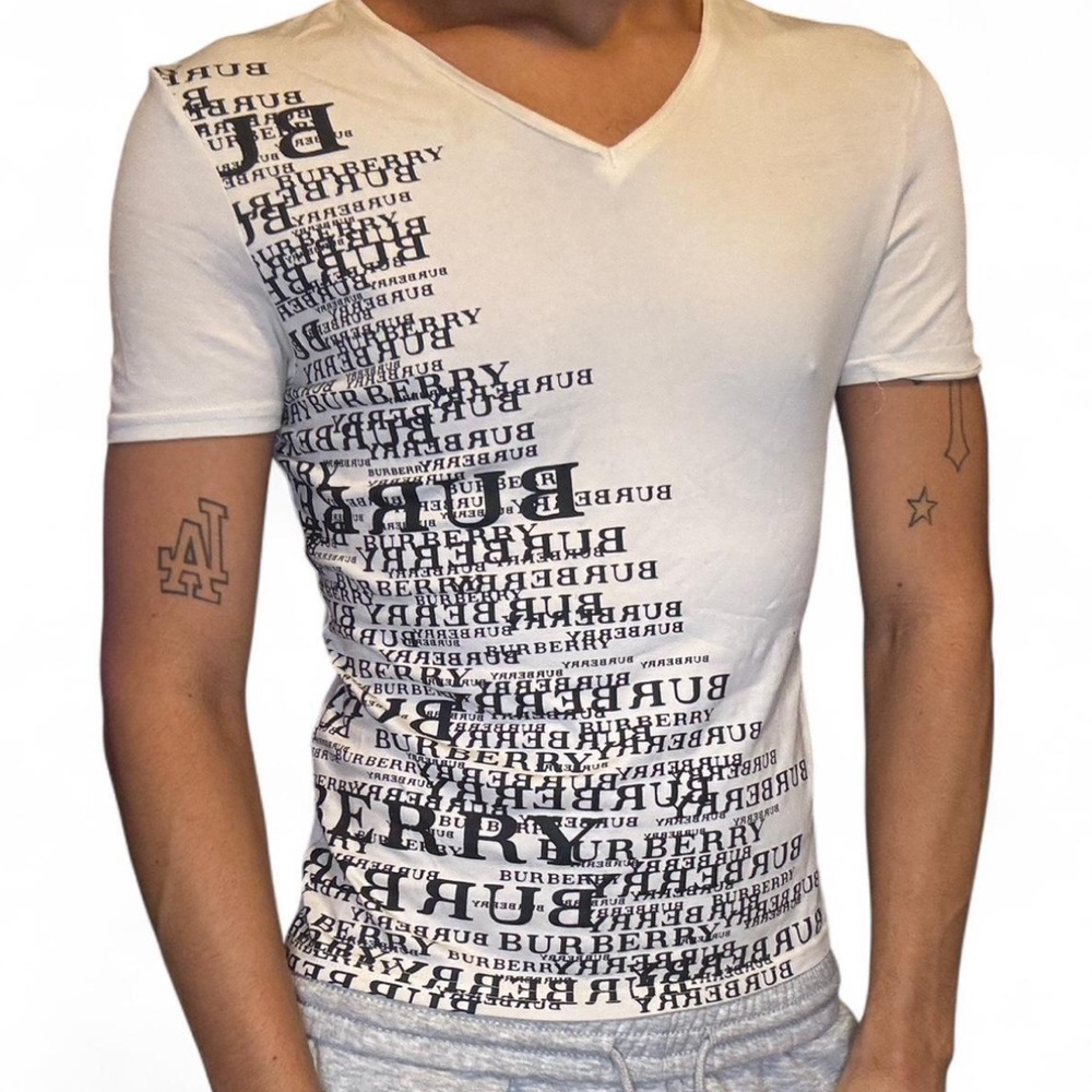 Burberry Cream and Black Logo Print Tee